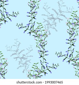 Vector drawing. An image of flowers and herbs. Seamless pattern. Decorative graphic composition. Use printed materials, signs, objects, decorations, posters, postcards.