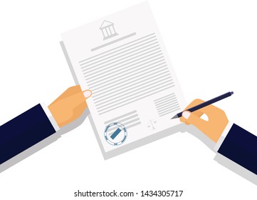 Vector drawing. The image of the hands of judges, businessmen, office workers, lawyers, civil servants and client signatories court document. One may use for web banner, web sites, infographics.