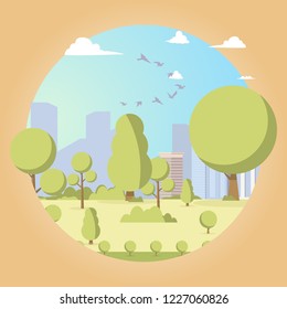 Vector drawing image the picturesque garden trees. Vector illustration of a cartoon picturesque garden of trees on a remote background of the city and houses. A small green corner of plants