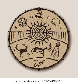 Vector drawing, improvisation on the theme of shamanic tambourine. The ancient culture of the peoples of Siberia.