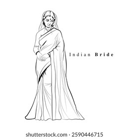 A vector drawing of Indian bride, Vector illustration of Indian woman, A very beautiful tall lady outline sketch