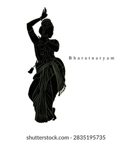 A vector drawing of Indian Classical Dancer, An illustration of South Indian woman, Hand drawn silhouette of Bharatanatyam performing lady