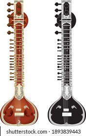 Vector drawing of the Indian musical instrument the Sitar isolated on white background in color and black-and-white