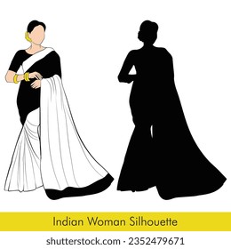 Vector drawing of Indian woman, An Indian lady wearing a saree, An line illustration of fashion lady