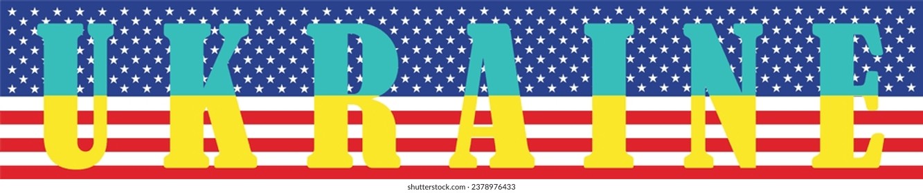 Vector drawing with the inscription of the name of the country of ukraine (font with pattern of yellow blue national ukrainian flag) on the background of stars and stripes of usa flag.