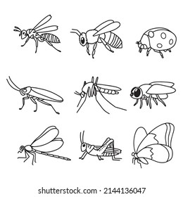 Vector drawing of insects. Simple modern doodle illustration of bugs. Wasp, bee, ladybug, mosquito, fly, dragonfly, cockroach.