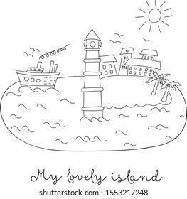 Vector drawing of an island and lighthouse  surrounded by the sea. vector ship, small town on the island, palm trees, waves, sun.