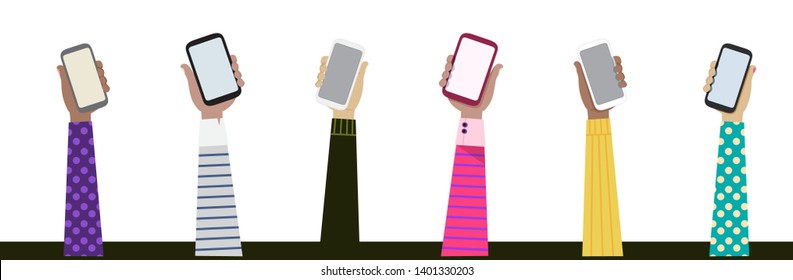 Vector drawing of isolated 6 arms from different ethnicities with 6 different outfit holding 6 smart phones illustration, Communication, technology, diversity, variety concepts