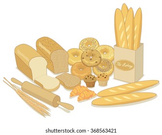 Vector drawing isolated the bakery products menu grouping for bakery cafe.White background