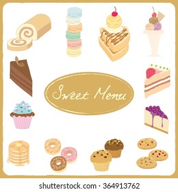 Vector drawing isolated dessert products for bakery cafe.