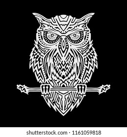 Vector drawing isolated illustration of ethnic sitting owl on a black background for t-shirt, tattoo, print and poster.