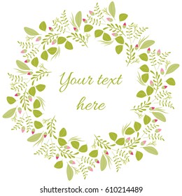 Vector drawing isolated on white, Happy Easter greeting card, pink rose flower buds, green twigs, sprigs and leaves