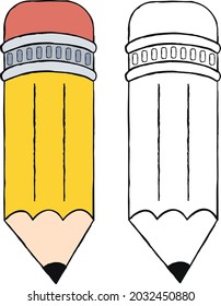 Vector drawing of isolated pencil with eraser in color and black and white