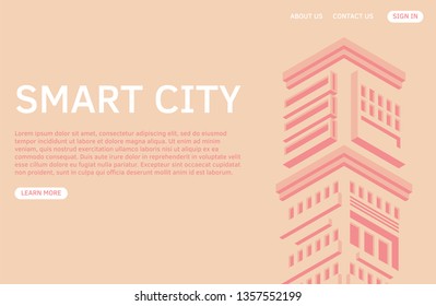 Vector drawing of isometric building. Illustration of smart building in flat colors. Landing page template