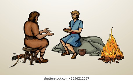 Vector drawing. Jacob gives soup to Esau