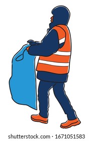 Vector drawing of janitor with trash bag going down street