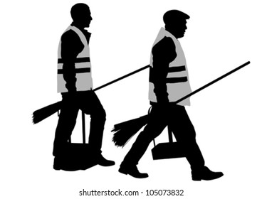 Vector drawing of janitors in uniform with the tools