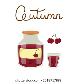 Vector drawing with a jar and a glass of cherry compote. Home canning. Vitamin juice from ripe berries. Autumn composition with text. Glass container with homemade liquid.