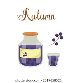 Vector drawing with a jar and a glass of currant compote. Home canning. Vitamin juice from ripe berries. Vegetarianism concept. Autumn composition with text. Glass container with homemade liquid.