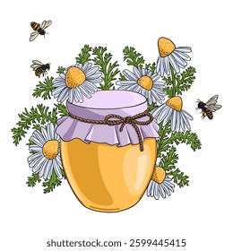 vector drawing jar of honey, chamomile flowers and bees isolated at white background, hand drawn illustration