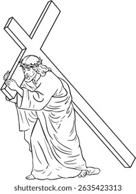 Vector drawing of Jesus carrying the cross on His back and wearing a crown made of thorns 
