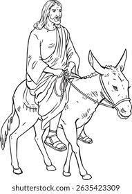 Desenho vetorial de Jesus sentado em um burro, significando a entrada triunfante 