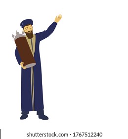 Vector Drawing Of A Jewish Sephardi Chief Rabbi. Dressed In The Blue Rabbinical Robe With Gold Decorations. And In The Special Round Hat. Holds A Torah Scroll In A Wooden Case With Silver Decoration