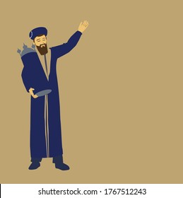 Vector Drawing Of A Jewish Sephardi Chief Rabbi. Dressed In The Blue Rabbinical Robe With Gold Decorations. And In The Special Round Hat. Holds A Torah Scroll In A Wooden Case With Silver Decoration