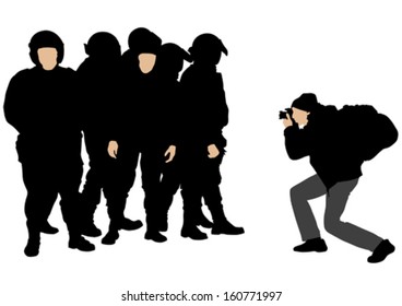 Vector drawing of a journalist and police in uniform. 