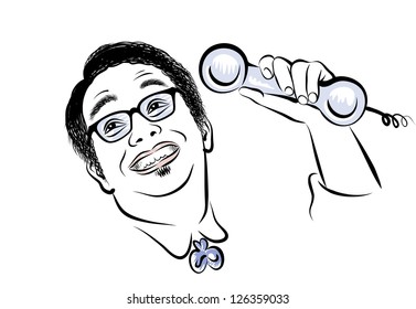 Vector drawing of joyful man with phone in a hand on white background.