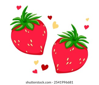 Vector drawing of juicy strawberries. Front view of bright red fruits with greenery. Image for study, store, web design, business, products, menu, restaurant. Love for strawberries. Holiday dessert