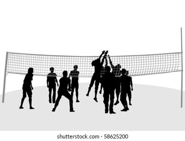 Vector drawing jumping around volleyball nets