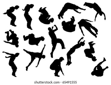 Vector drawing jumping and climbing men. Silhouettes athletes