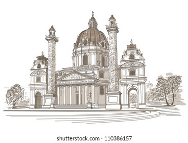 Vector drawing of Karlskirche in Vienna, Austria