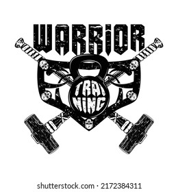 Vector drawing of a kettlebell and a sports sledgehammer. Warrior training. No pain, no gain. Illustrations for t shirt print, textiles. Hand drawn sport logos, badges, labels. Poster.