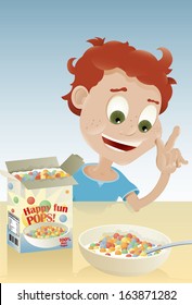 Vector drawing of a kid eating cereal/Cereal kid/ Easy to edit layers and groups, easy to isolate objects and remove or add content. Gradients used