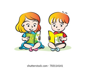 Vector Drawing Kids Reading Stock Vector (Royalty Free) 703114150