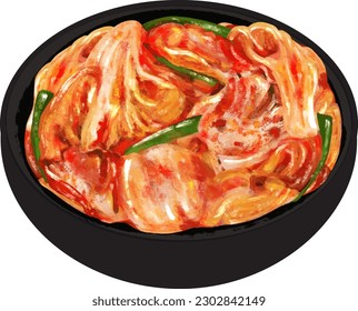Vector drawing, kimchi, Chinese cabbage, spring onions, vegetables, pickled vegetables, Korean kimchi, Korean food, bowl black