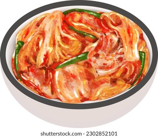 Dibujo de vectores, kimchi, col china, cebollas de primavera, verduras, verduras en vinagre, kimchi coreano, comida coreana, tazón blanco, vector kimchi, vector de comida coreano