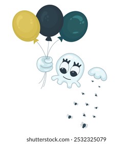 Dibujo de Vector de un fantasma de dibujos animados amable con grandes ojos con globos en las manos que esparce arañas como confeti