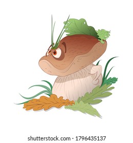 Vector drawing of the king of mushrooms - white mushroom (cep), strictly looks after order in the forest