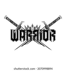 Vector drawing of the king on the background of crossed swords. Broken blade of the fantastic knight. Black tattoo. Vector illustrations for t shirt print.