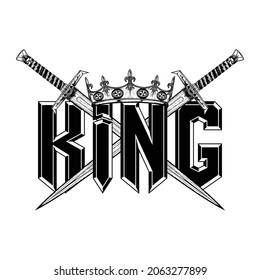 Dibujo vectorial de la corona del rey y espadas cruzadas. Hoja del fantástico caballero. Tatuaje negro. Ilustraciones vectoriales para la impresión de camisetas.
