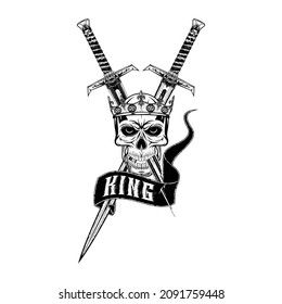 Dibujo vectorial del cráneo del rey sobre el fondo de espadas cruzadas. Esclavija rota del fantástico caballero. Tatuaje negro. Ilustraciones vectoriales para la impresión de camisetas.