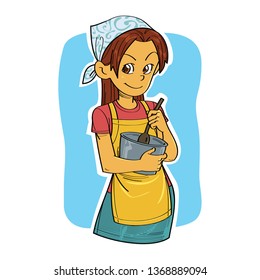 Vector drawing of kitchen girl stirring the dough.