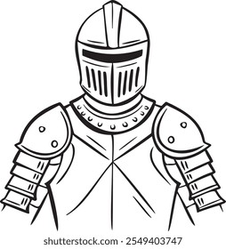 Vector drawing of a knight in armor. Black valor badge on a white background.
