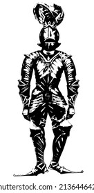 Vektorgrafik. Ein Ritter in eiserner Rüstung, mit üppigen Federn auf seinem Helm.
