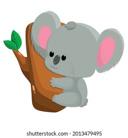 Vector drawing of a koala on a branch with a leaf isolated on a white background