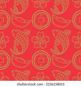 Vector drawing of koi, coins and flowers on a red background.
The type of pattern and design of the reverse side of textiles, covers and packaging.