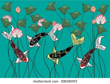 Vector drawing koi and lotus